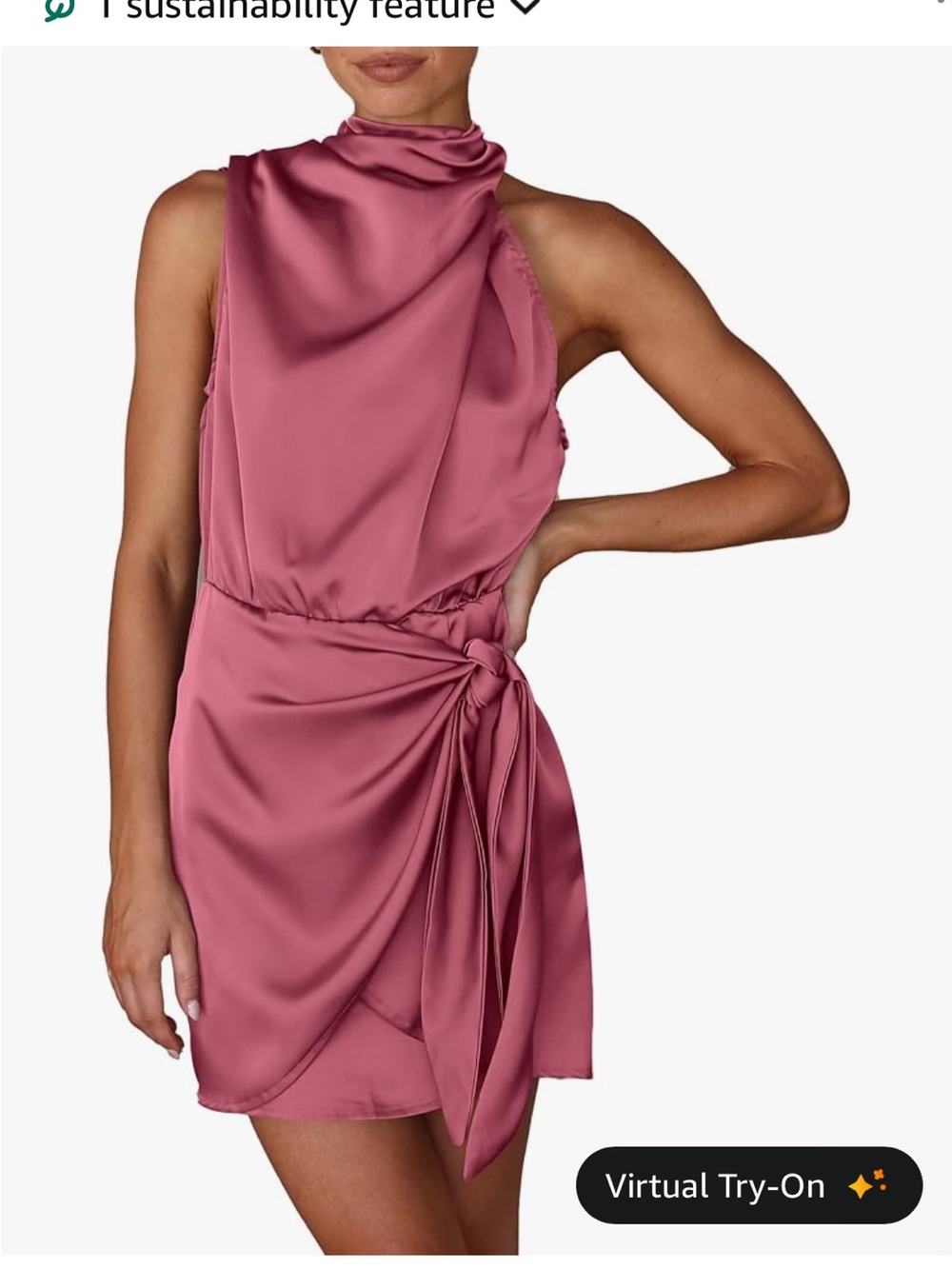 High-Neck Satin Tie-Waist Mini Dress in Rose